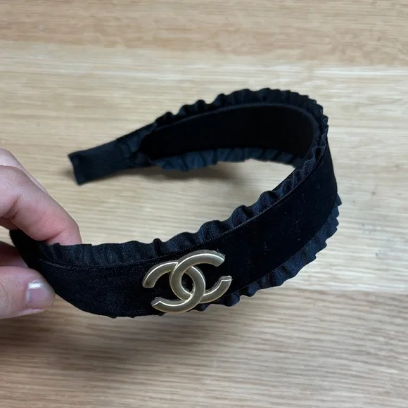 Black Velvet Headband with Gold CC Emblem - Picture 1 of 1